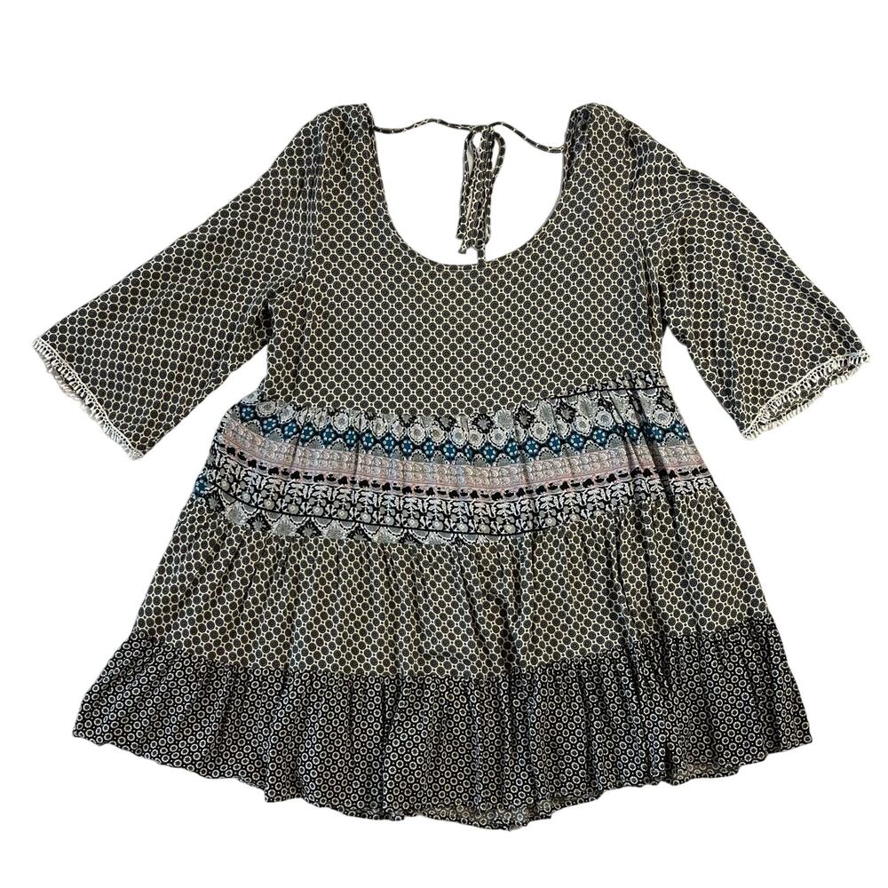 Umgee Women's Medium Patchwork Mini Dress with Open Back Bell Sleeves